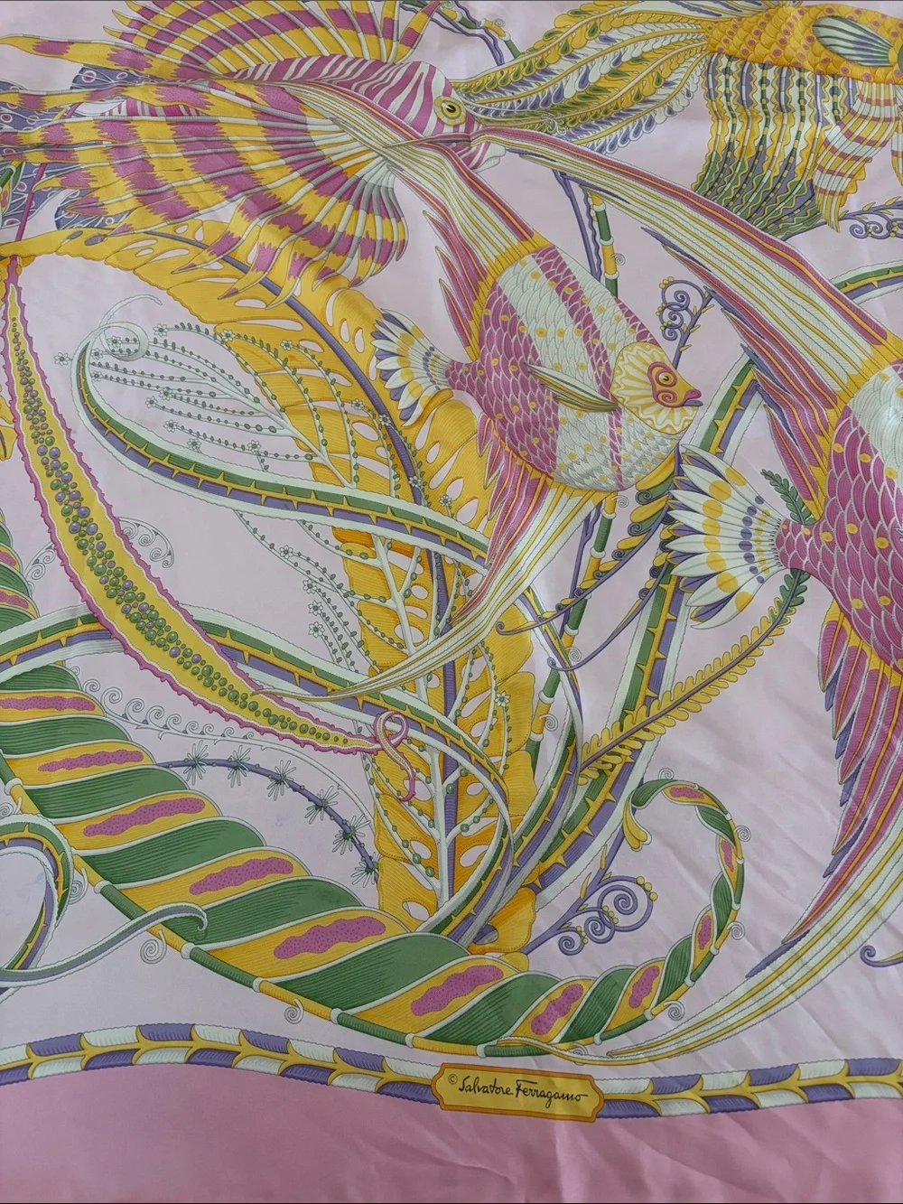 Salvatore Ferragamo Pink, Yellow & Green Silk Scarf